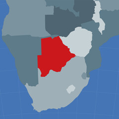 Shape of Botswana in context of neighbor countries. Country highlighted with red color on world map. Botswana map template. Vector illustration.
