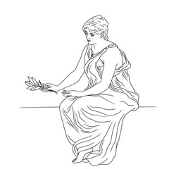 A young slender woman in an ancient Greek tunic sits on a stone parapet and holds a laurel branch in her hand. Figure isolated on white background.