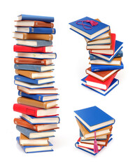 Stack of books in colour covers with white sheets isolated on a white background