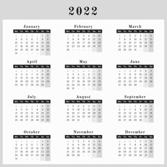 Square format Calendar for year 2022 in neutral black and white design