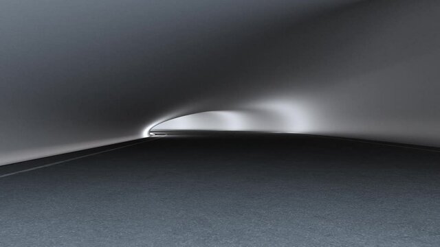 Empty asphalt road floor with curved concrete wall background in tunnel or showroom. 3d illustration of abstract interior design architecture.