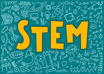 STEM. Science, technology, engineering, mathematics. Science education doodles and hand written word "STEM" © N.Savranska