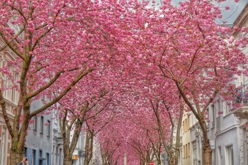 Beautiful cherry blossoms and typical architecture in Bonn Germany
