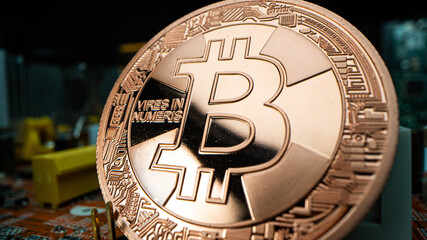 Bitcoin. Crypto currency Gold Bitcoin, BTC, Bit Coin. Macro shot of Bitcoin coins isolated. Cryptocurrency golden bitcoin coin. symbol of crypto currency - electronic virtual money for web banking and