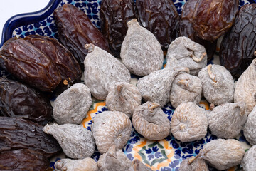 dried figs sprinkled with rice flour and medjoul jumbo dates.