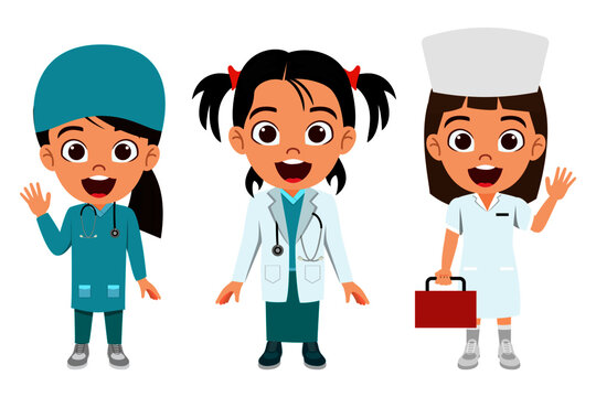 Happy Cute Smart Kid Girls Character Wearing Doctor Nurse Outfit With Cheerful Expression Emergency Team