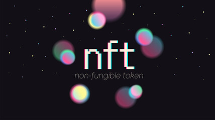 NFT non-fungible token. Vector futuristic cryptography wallpaper. Retro wave, synthwave, rave, vapor, cyber punk. Blue, black, pink purple color. Trendy vintage 80s, 90s style. Print, poster, banner