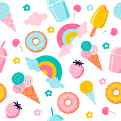 vector seamless pattern with hand drawn ice cream, rainbow, flowers, strawberries and donuts. summer background. bright trend illustration in flat style