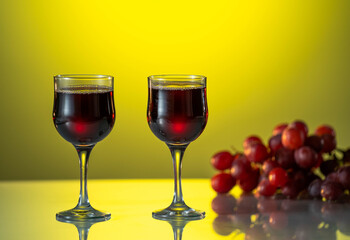 Two glasses of wine on a beautiful yellow background. holiday mood