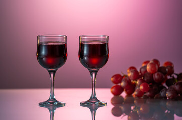 Two glasses of wine on a beautiful pink background. holiday mood