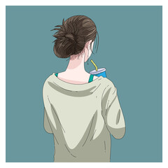 Girl holding a cup of water minimal drawing style - 424708601