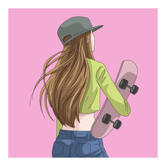 Girl with skateboard minimal drawing style - 424708684