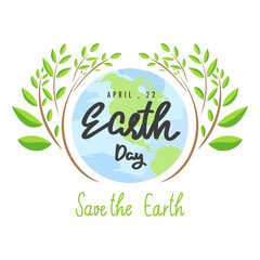 Earth Day handwriting with Branches and green leaves are on either side in  Earth Day isolated on white background, Vector illustration EPS 10
