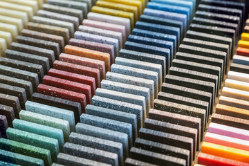 samples of artificial stone in different colors and textures for finishing