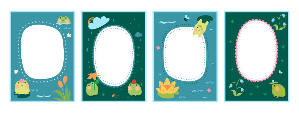 Frame set for baby's photo album with cute frogs. Vector graphics.