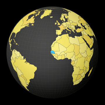 Senegal on dark globe with yellow world map. Country highlighted with blue color. Satellite world projection centered to Senegal. Awesome vector illustration.