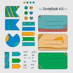 Set of hand drawn scrapbook with cute cats, scratchbook, paper strips, stickers