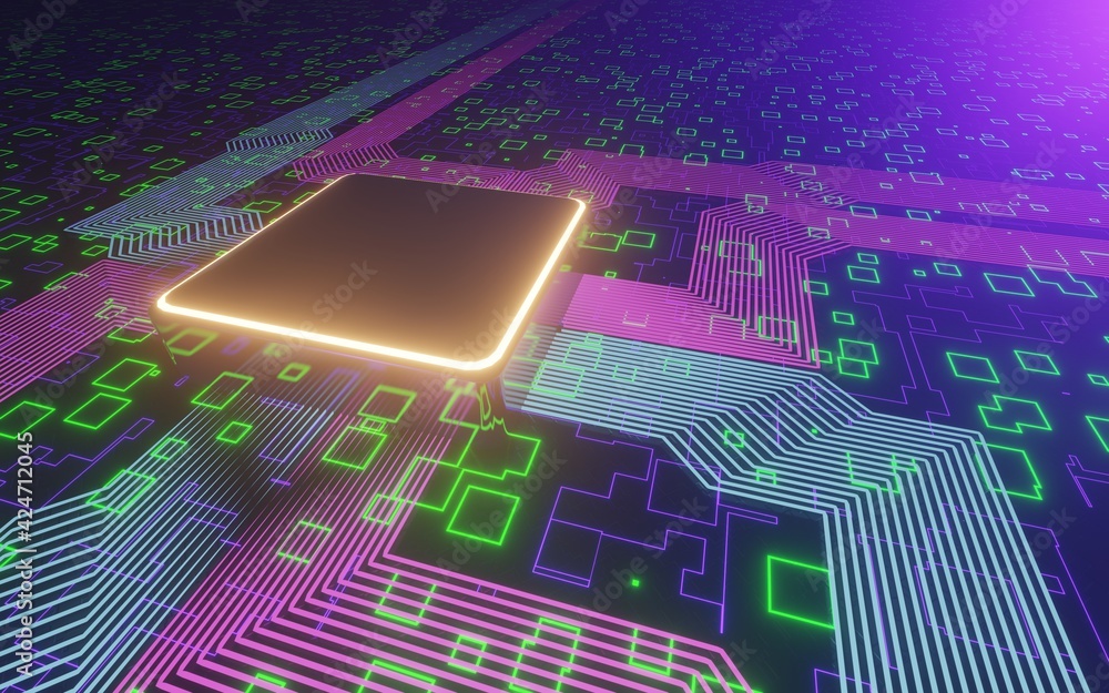 Poster 3d rendering technology background microchip high-tech future high-speed cpu motherboard