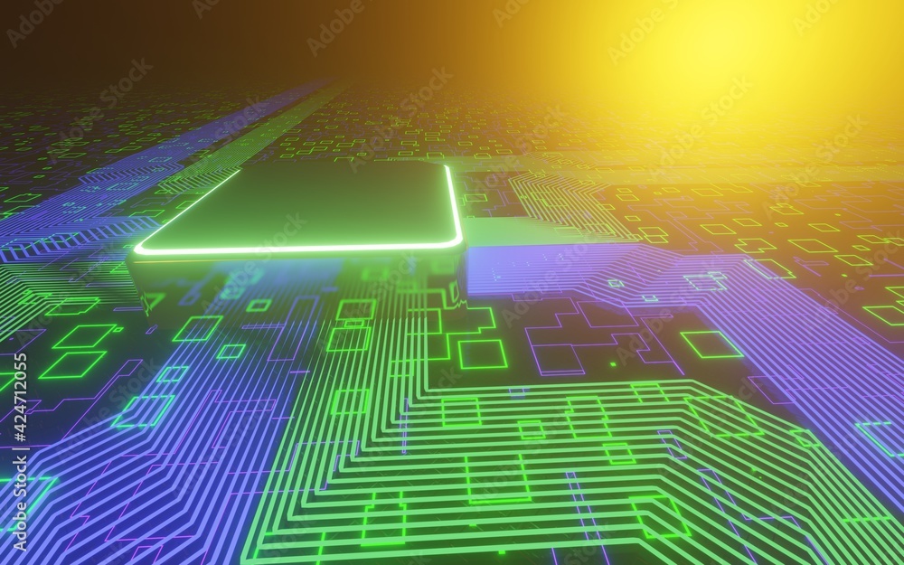 Poster 3d rendering technology background microchip high-tech future high-speed cpu motherboard