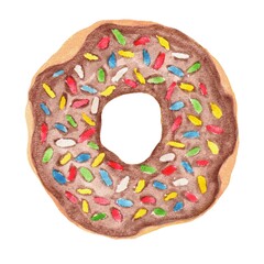 Watercolor illustration of a doughnut with chocolate glaze and colorful sprinkles
