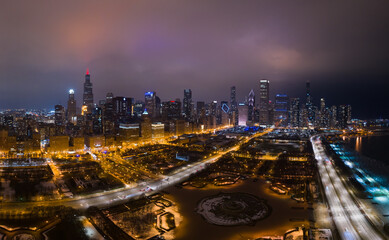 Urban Cityscape of Chicago Loop at Night in Winter. Aerial View. United States of America