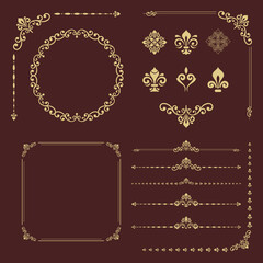 Vintage set of horizontal, square and round elements. Different elements for backgrounds, frames and monograms. Classic patterns. Set of vintage golden patterns