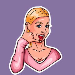 Sticker of a girl showing a call me gesture. Portrait of a girl.