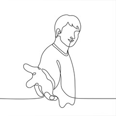 man stands smiling and stretches out his hand - one line drawing. benevolent man pulls his hand towards the viewer