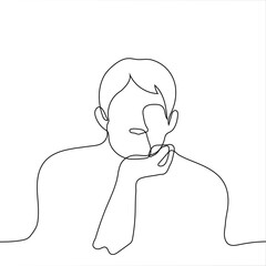 man sits hunched over and resting his chin with his palm - one line drawing. the concept of thinking, reflection
