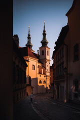 Church of St Michael Archangel in Brno. Sunrise on old town in Brno. 