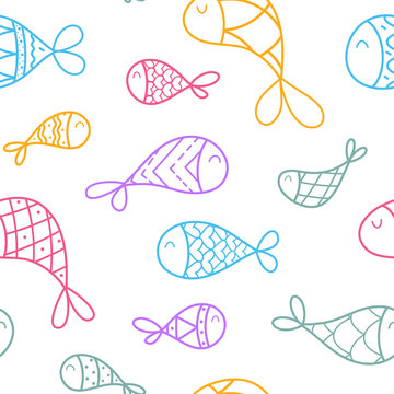 Seamless vector pattern with cute hand drawn fishes. Fun summer design. Colorful line objects isolated on white background. For wrapping paper, card, print, gift, fabric, wallpaper, textile, web.
