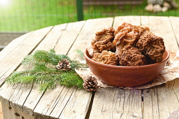 Morel mushrooms in a brown ceramic bowl on a wooden table. Outdoor. 