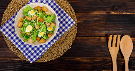 Top view photo of Sunflower sprout salad with a variety of kinds of natural vegetables and crunchy bread. Healthy and diet menu idea