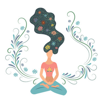 Meditation. A beautiful young woman is sitting in the lotus position and meditating. Flat style with ornate decoration. Vector illustration. T