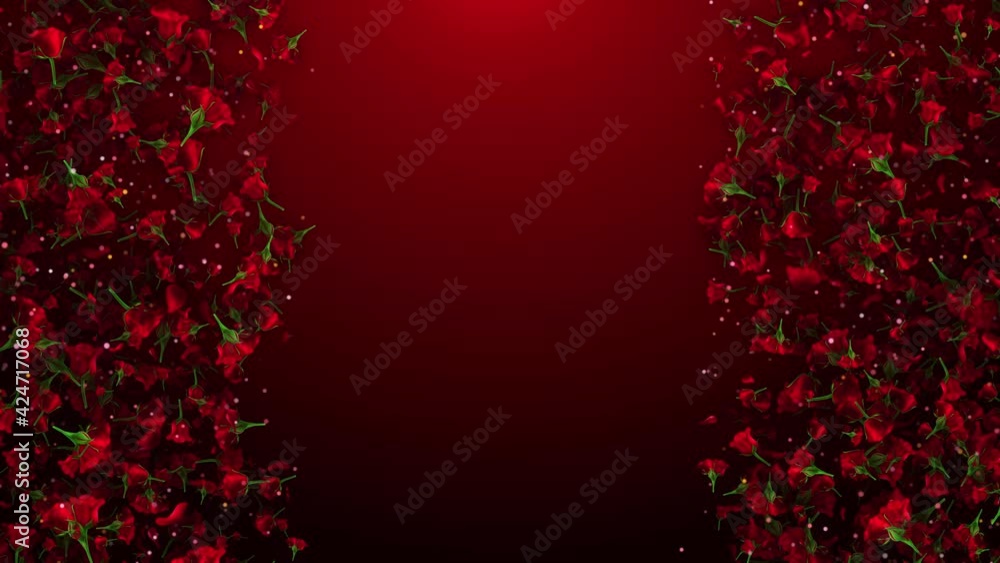 Poster abstract motion love red shiny rose flowers and petals flying border frame space for text on left an