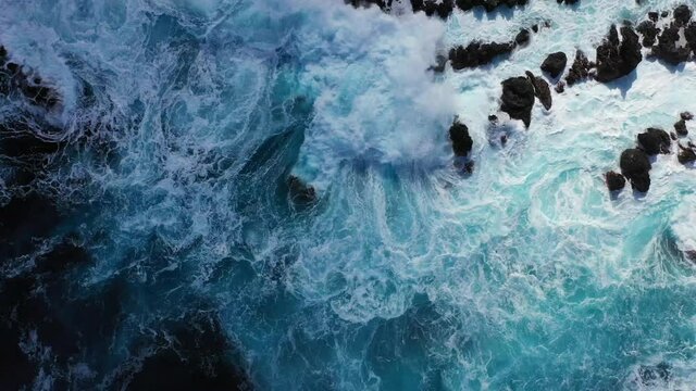 Madeira. Portuguese island. Waves of the Atlantic Ocean on the shores of Madeira.