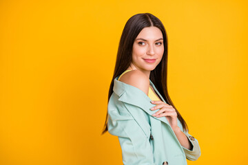 Photo of young happy smiling cheerful dreamy lovely girl look copyspace showing shoulder isolated...