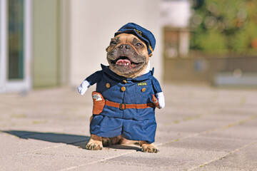 Funny French Bulldog dog wearing funny police officer uniform costume with fake arms 
