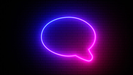 Neon sign on a brick wall. Glowing message chat icon. Abstract background, spectrum vibrant colors. 3d render illustration.
