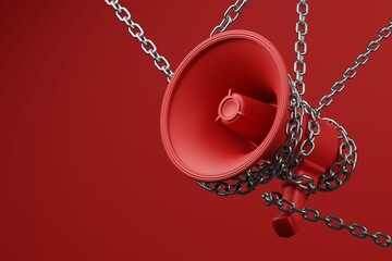 Red Megaphone with silver wiggle chain 3D rendering, Protest against dictatorship threaten censored press concept poster and social banner horizontal design background with copy space - 424718653
