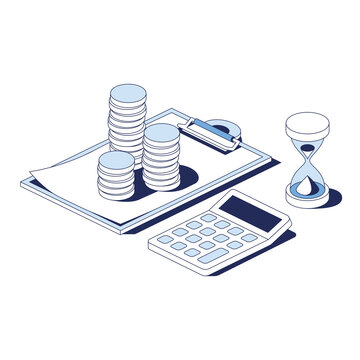 recommend clip art: Credit money coins, hourglass, calculator. Vector 3d line isometric, web icons, blue color. Creative design idea for infographics.