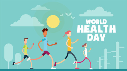 World Health Day poster, 7 April, people running in park, morning walk illustration vector