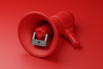 Red Megaphone with black lock 3D rendering, Protest against dictatorship threaten censored press concept poster and social banner horizontal design background with copy space