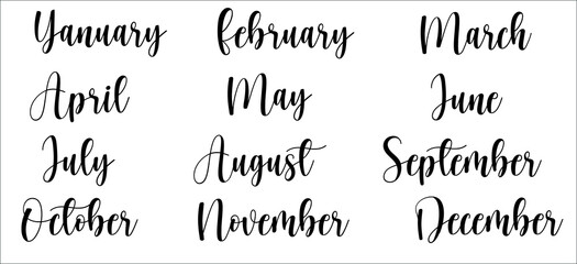 January. February, March, April, May, June, July, August, September, November, October, December. Stickers for stationery. Bullet Journal, Planner, Diary. Black words, isolated on background. Vector. 