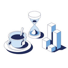 Time and hourglass symbol of waiting, graphic chart and tea party.  Vector 3d line isometric, web icons, blue color. Creative design idea for infographics.