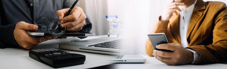 Searching Browsing Internet Data Information with blank search bar.businessman working with smart phone, tablet and laptop computer on desk in office. Networking Concept