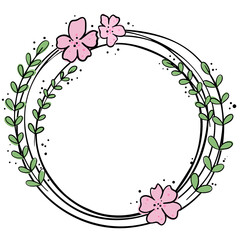 Round frame with monolinear flowers and leaves. Hand drawn frame with flowers. Wreath, template for design cards, vector