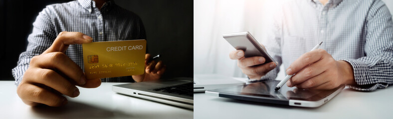 Justice and law concept.Male judge in a courtroom with the gavel, working with, computer and docking keyboard, eyeglasses, on table in morning light