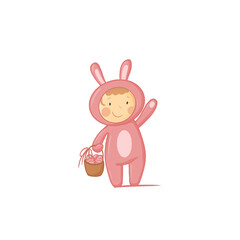 Baby in  pink bunny costume with eggs illustration. Happy easter