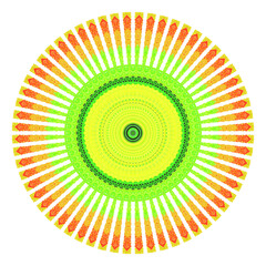 Creative multicolored points round symbol. Abstract symmetrical logo. Mosaic colorful beautiful beads. Circle dots modern pixel floral art icon. Colored pattern ornament wheel decorative illustration.